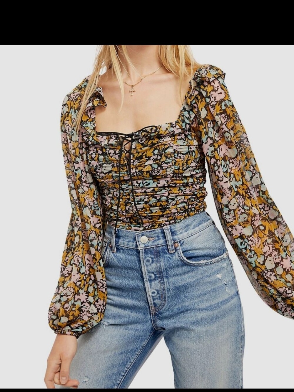 Free People Women's Green Mabel Lace-Up Long Sleeve Blouse Top